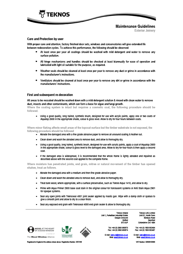 Maintenance guidelines exterior joinery