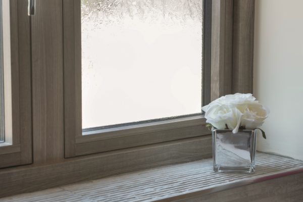 close up of flower next to residence windows